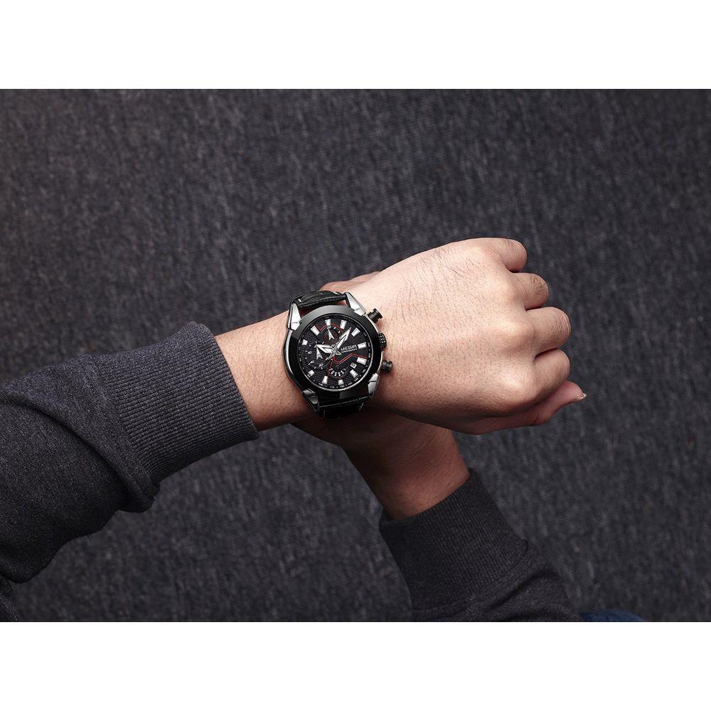 Men Large Dial PU Leather Watch Black