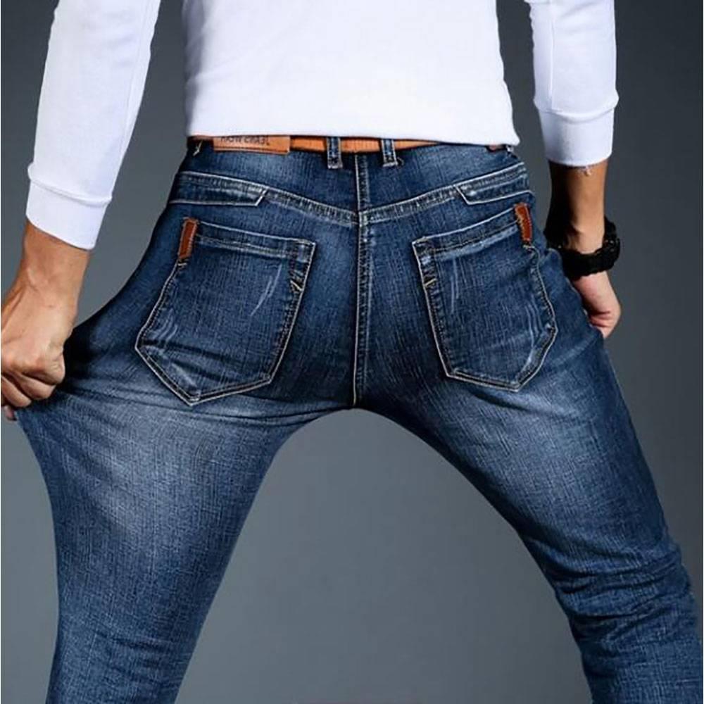 TL86 Men Elastic Jeans Straight Slim Long Pants Size 32 Blue