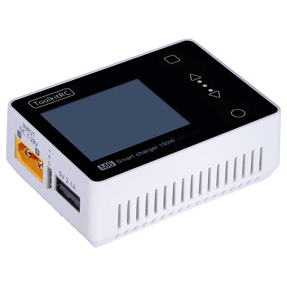 

ToolkitRC M6 150W 10A 2-6s Lipo Battery LCD Screen Multi-function Micro Smart DC Balance Charger Discharger - White
