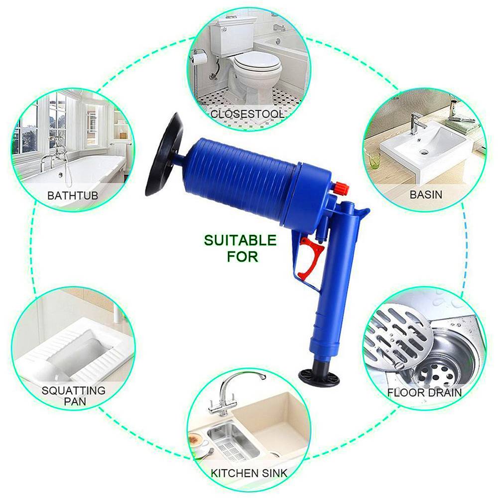 Air Pressure Drain Cleaner Sewer Cleaning Brush Tool Set Blue