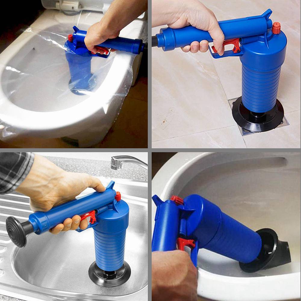 Air Pressure Drain Cleaner Sewer Cleaning Brush Tool Set Blue