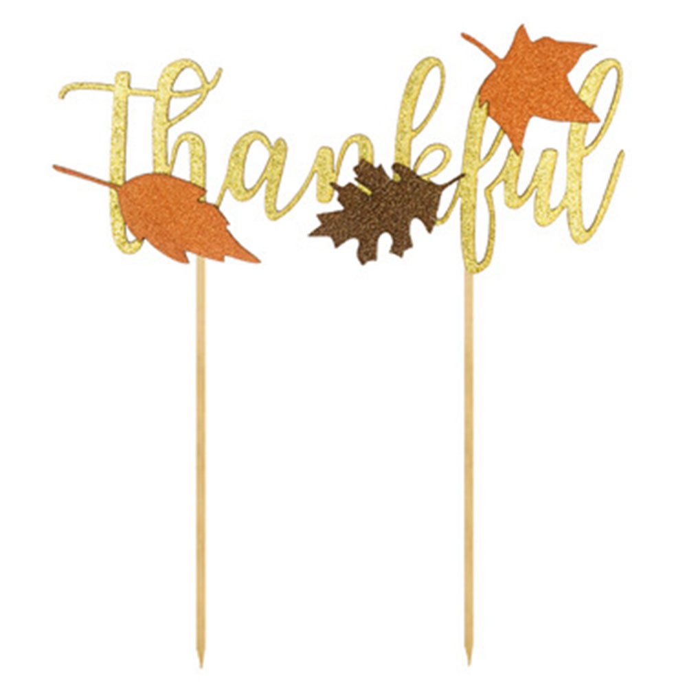 

Thanksgiving Cake Topper Decorative Inserted Card For Food Cupcake Maple Leaf Thankful Version - Yellow