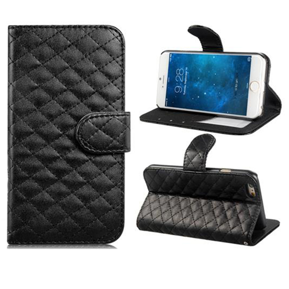 

4.7" Gird Pattern Faux Leather Flip Case with Mount Stand & Credit Card Slots for iPhone 6/6S - Black