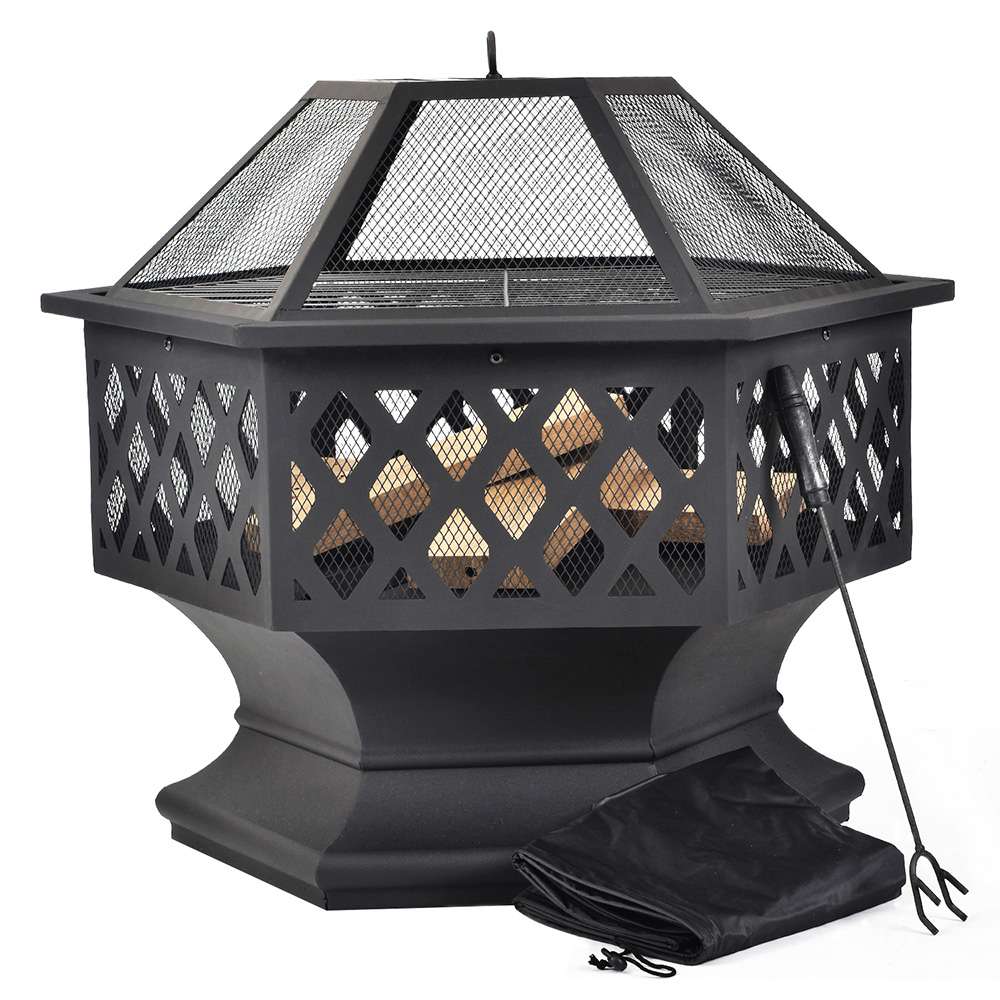 

Merax BBQ Fire Pit Hexagon Multifunctional With Spark Protection Garden Metal Fire Basket - Black
