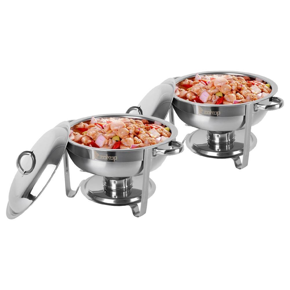 

2pcs ZOKOP 5Qt Stainless Steel Round Buffet Stove With Covers Water & Food Pans Fuel Holders - Sliver