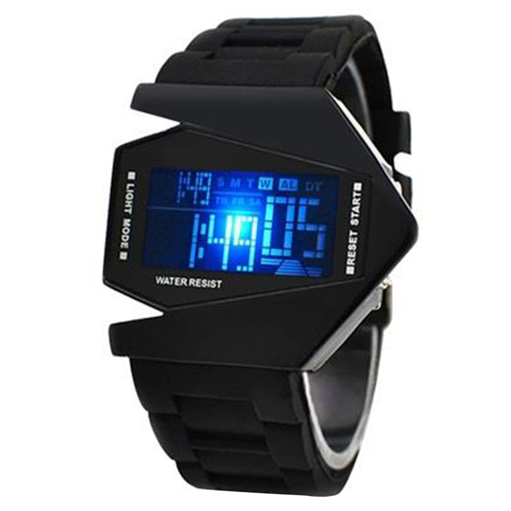 

Stylish Digital Watch Airplane Shaped Dial With Colorful Light And Silicone Strap - Black