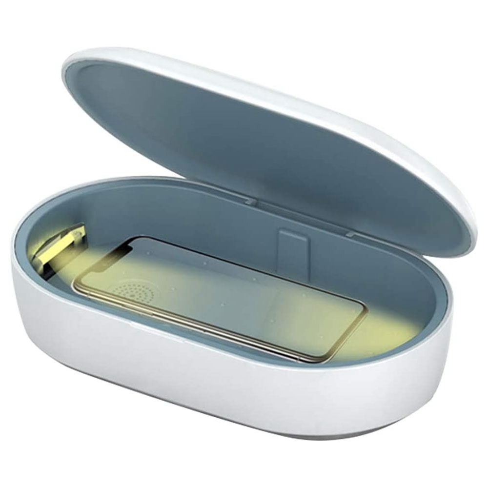 Φορητός πολυλειτουργικός θάλαμος αποστειρωτή UV φως + διπλό αποστειρωμένο όζον με 10W Qi γρήγορη ασύρματη φόρτιση Ρυθμός αποστείρωσης Smartphone πάνω από 99.99% για γυαλιά ηλίου με μάσκα οδοντόβουρτσα κοσμήματα-λευκό