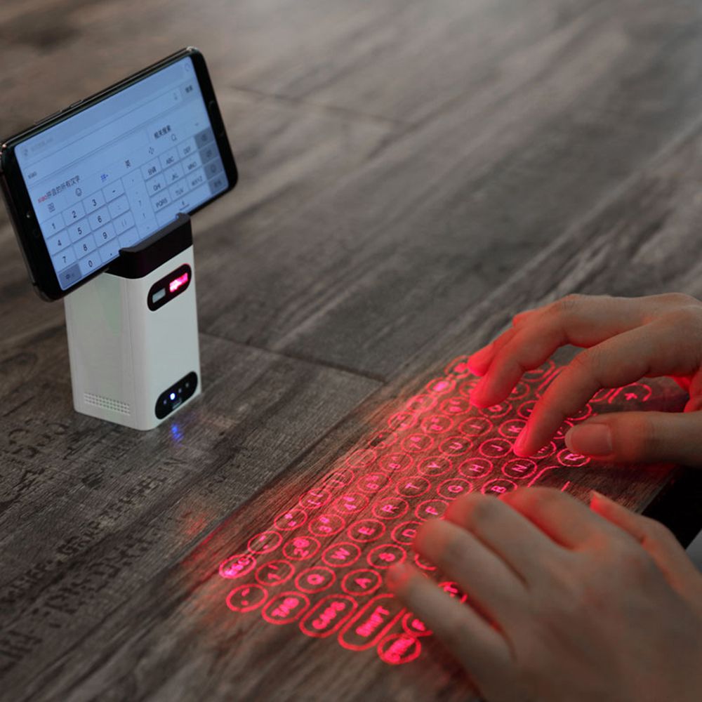 Mini teclado virtual Bluetooth de proyección láser inalámbrico con función de ratón / banco de energía para iPhone, iPad, tableta con teléfono inteligente y computadora-Blanco
