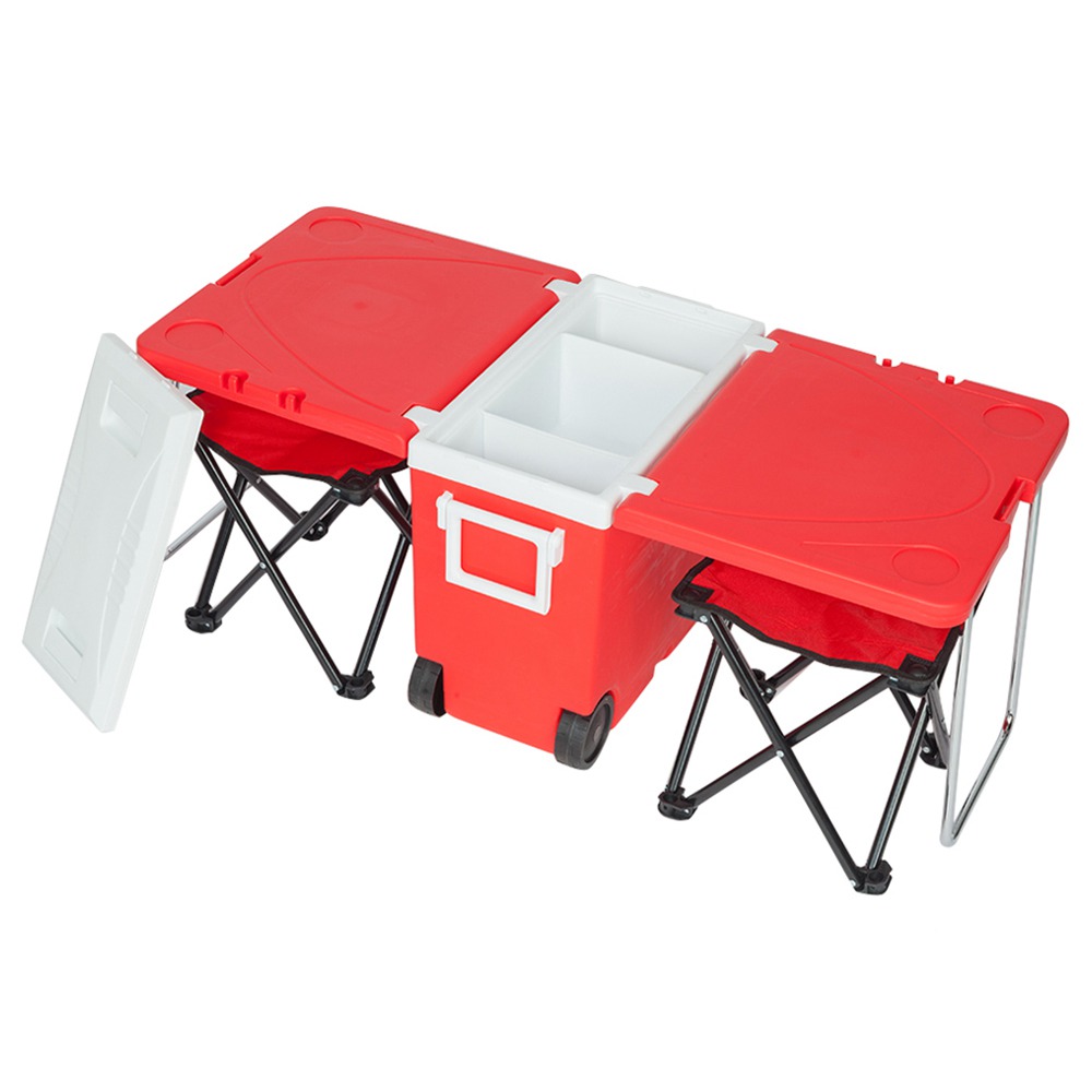 Kültéri hordozható többfunkciós összecsukható hűtőszekrény hűtési funkciókkal ellátott szigetelés két székkel piknik túrázáshoz - piros
