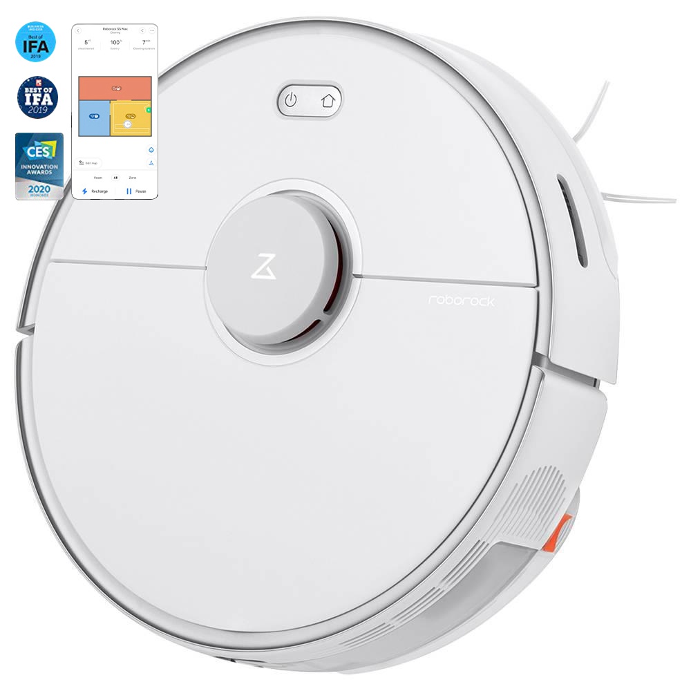 Roborock S5 Max Robot Vacuum Cleaner Virtual Wall Automatic Area Cleaning 2000pa Suction 2 in 1 Sweeping Mopping Function LDS Path Planning International Version - White