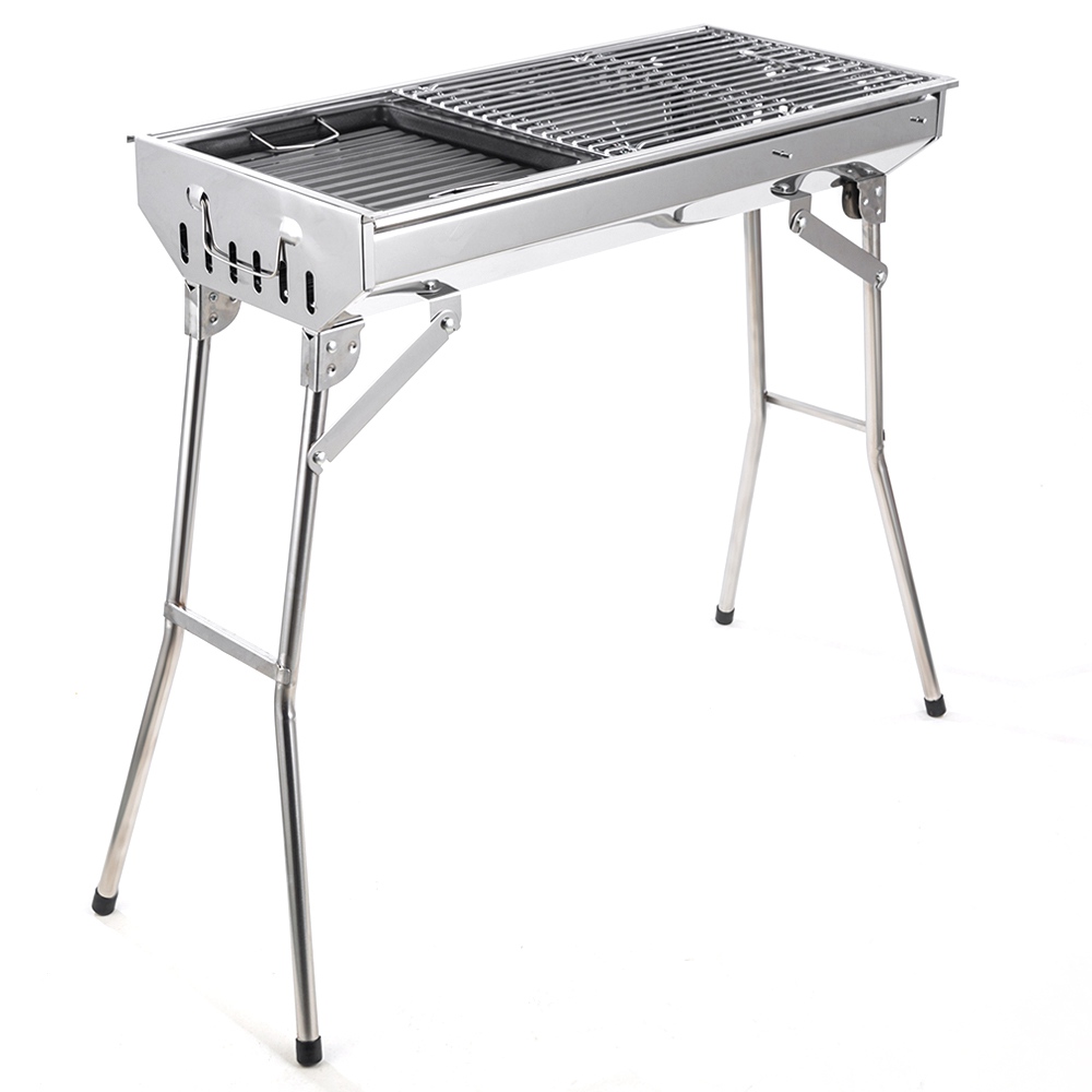 

Portable Folding Barbecue Grill Stainless Steel Material Adjustable Height and Angle With Nonstick Square Baking Pan For Outdoor Camping Terrace Picnic - Silver