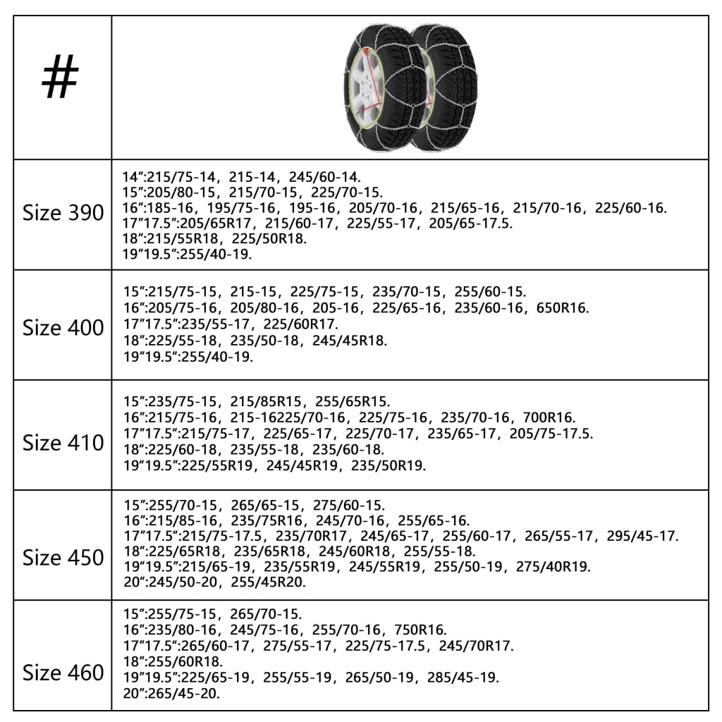 Laclede Tire Chains Size Chart