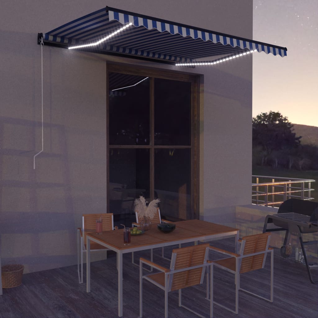 

Manual Retractable Awning with LED 400x300 cm Blue and White