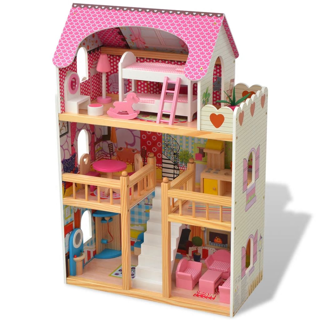 Casa delle bambole a 3 piani in legno 60x30x90 cm