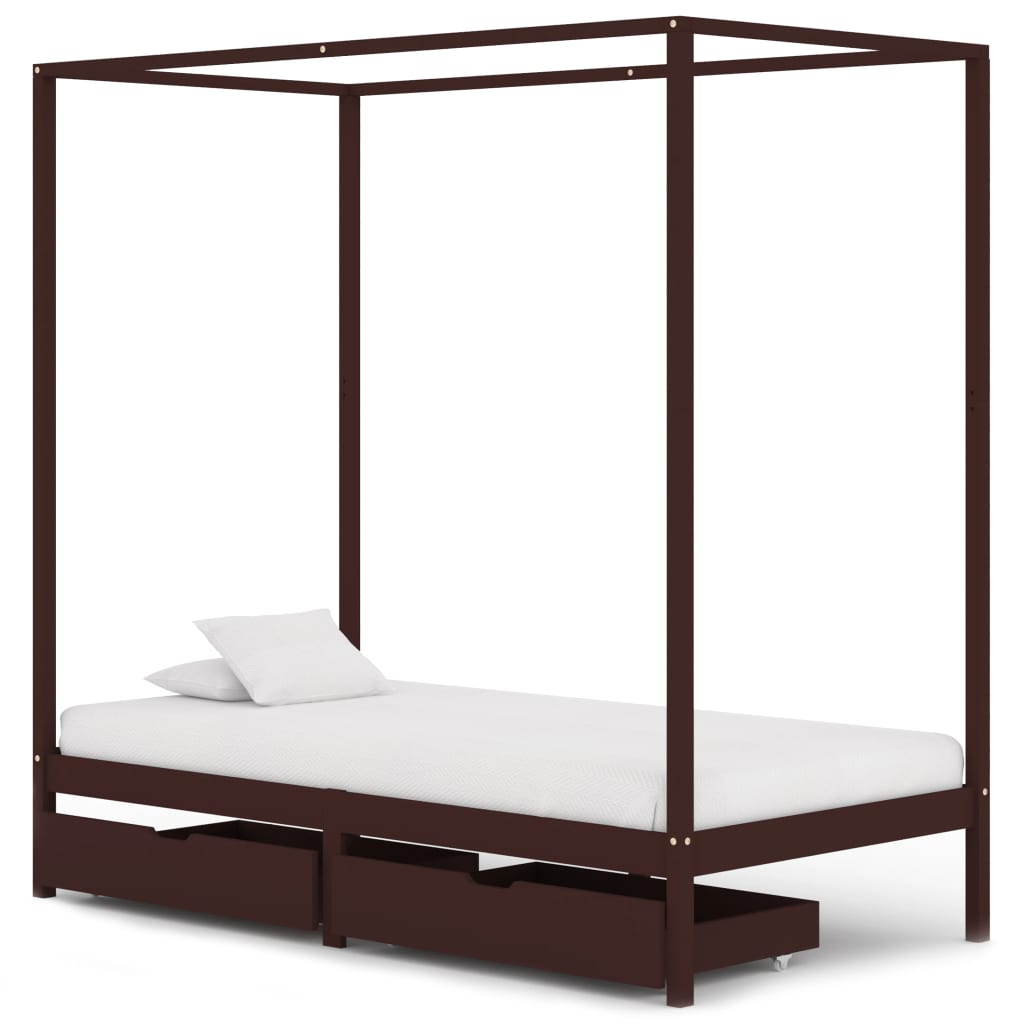 

Canopy Bed Frame with 2 Drawers Dark Brown Pine Wood 90x200 cm