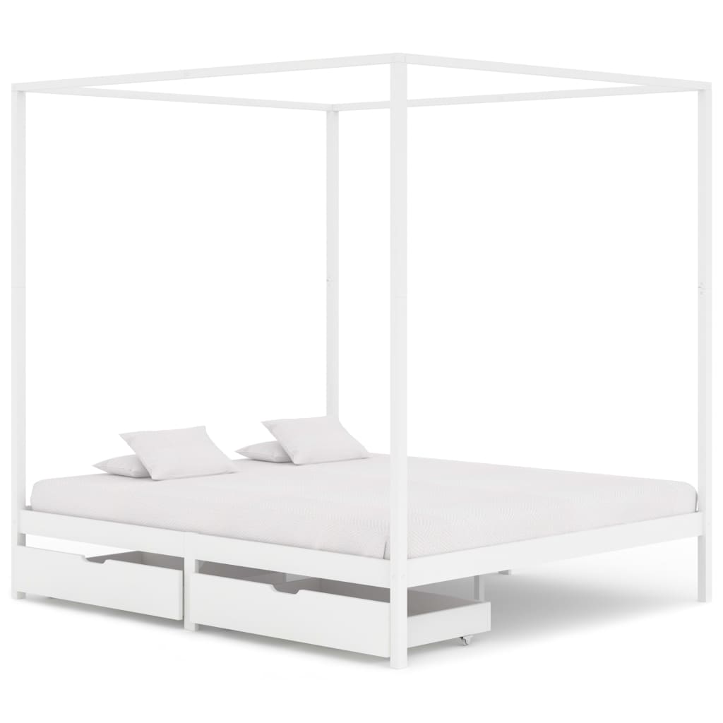 

Canopy Bed Frame with 2 Drawers White Solid Pine Wood 180x200cm