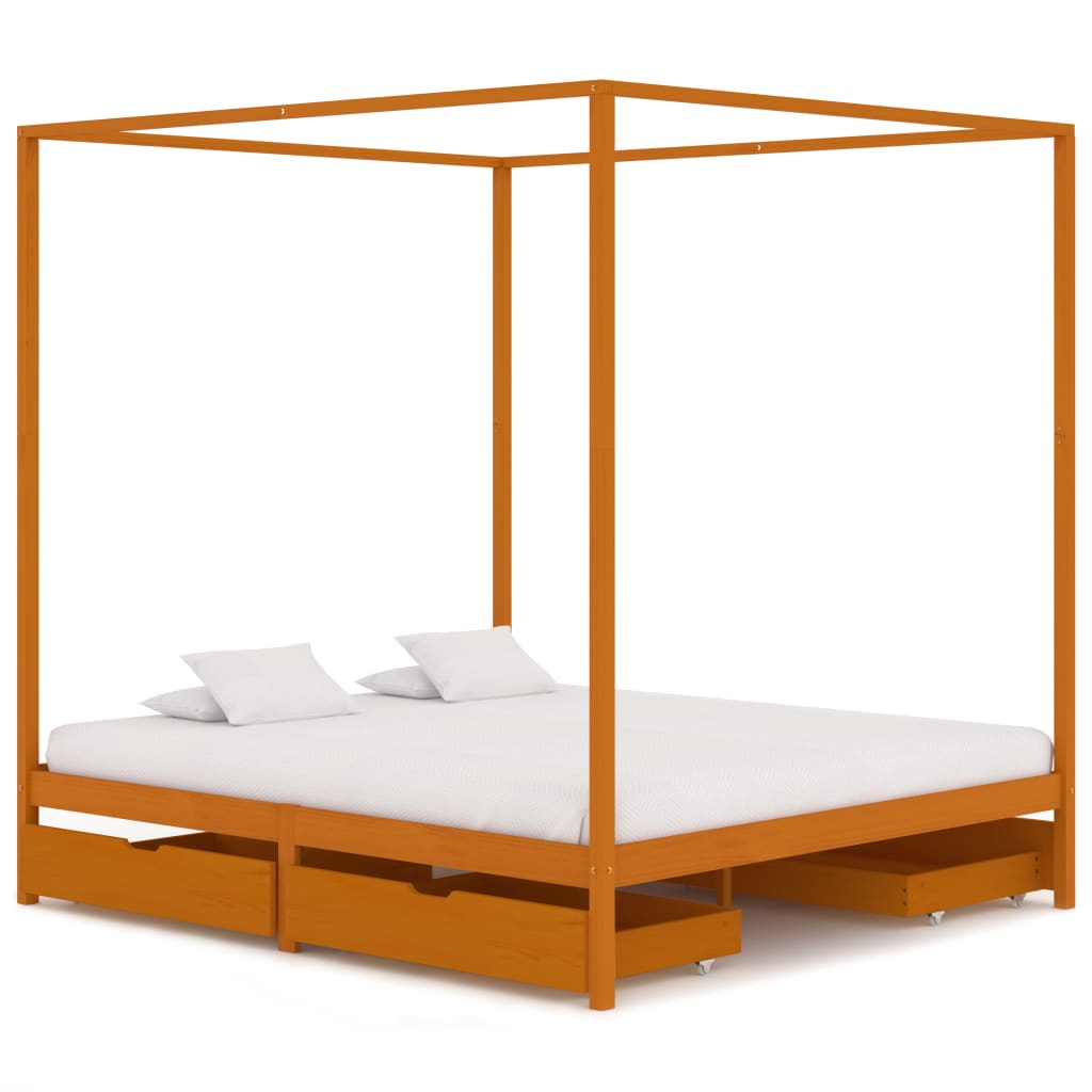 

Canopy Bed Frame with 4 Drawers Solid Pine Wood 160x200 cm