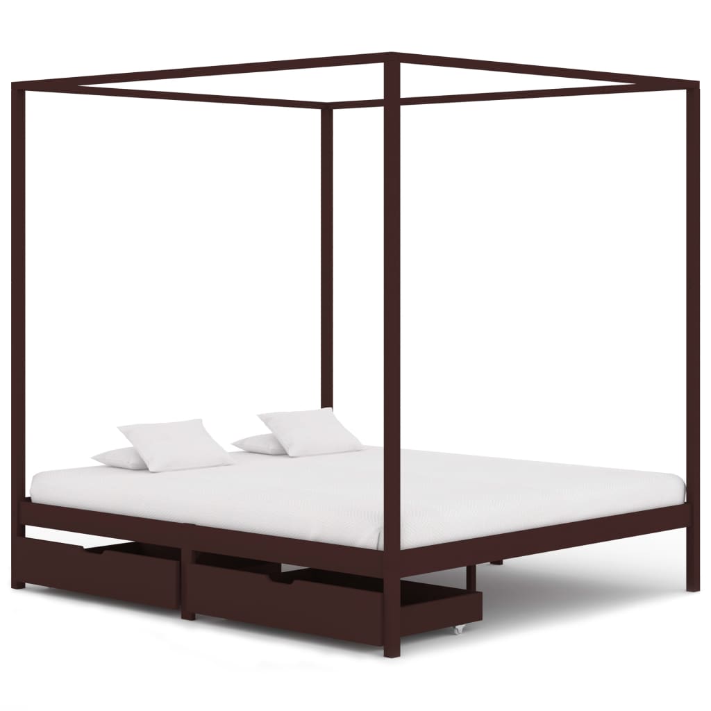 Canopy Bed Frame with 2 Drawers Dark Brown Pine Wood 180x200 cm