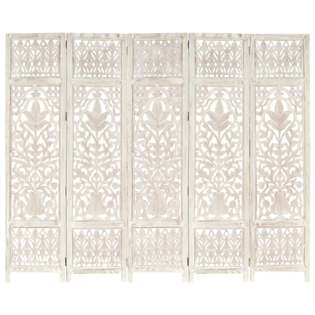 Hand carved 5Panel Room Divider White 200x165 cm Solid Mango Wood
