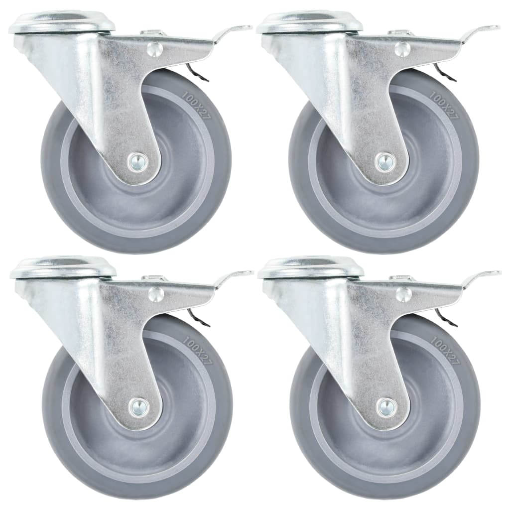 Bolt Hole Swivel Casters with Double Brakes 4 pcs 100 mm