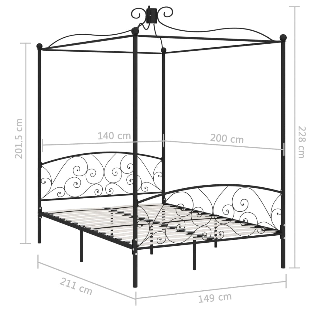 Canopy Bed Frame Black Metal 140x200 cm