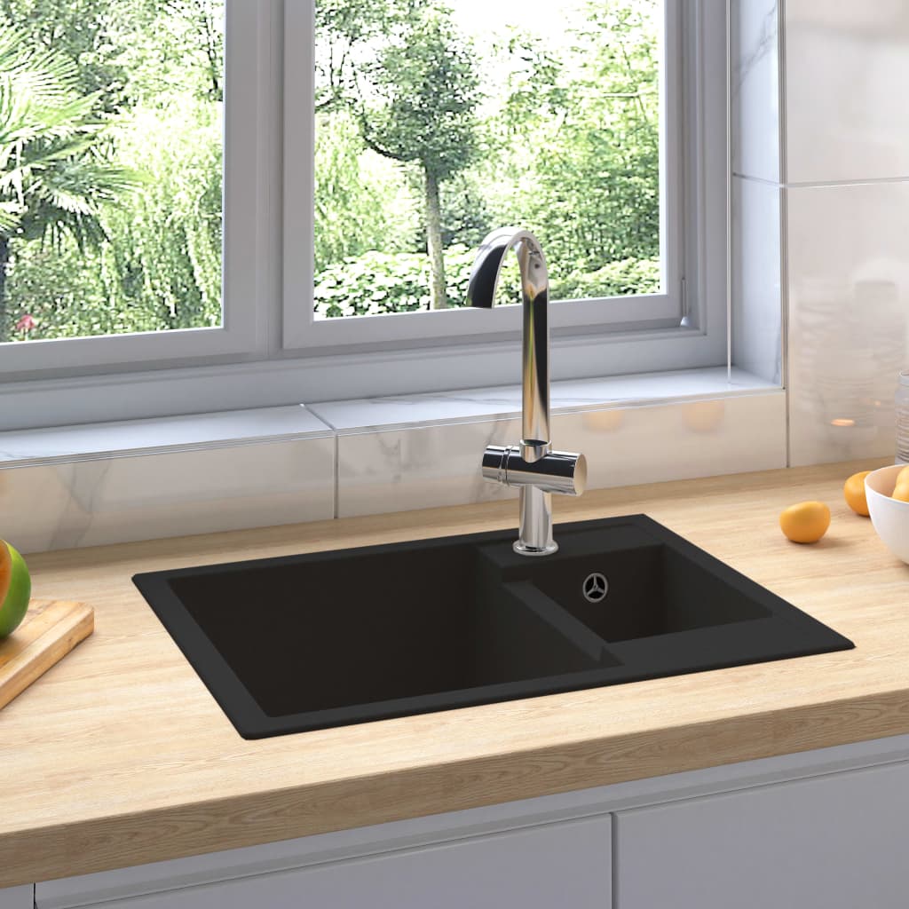 Kitchen Sink with Overflow Hole Double Basins Black Granite