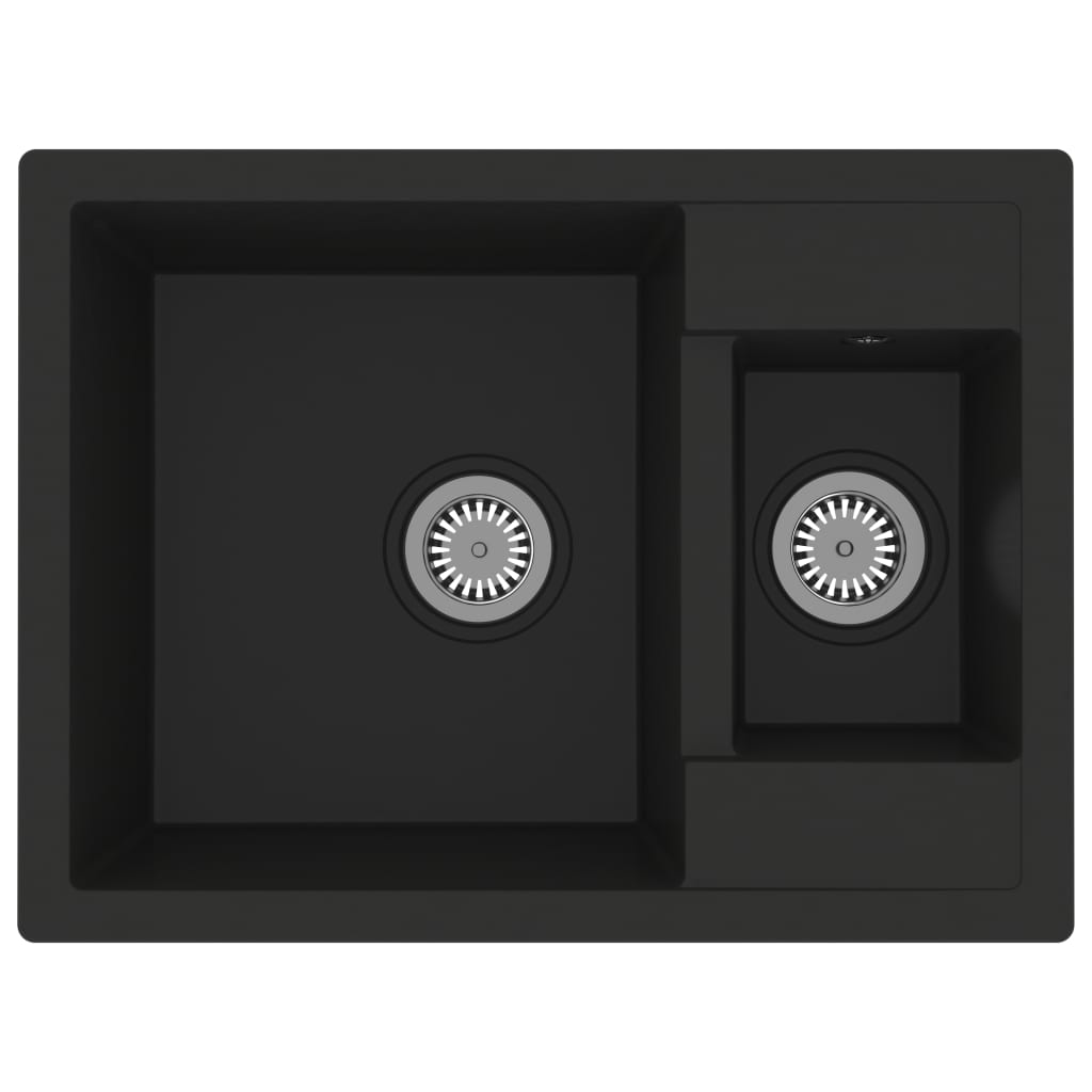 Kitchen Sink with Overflow Hole Double Basins Black Granite