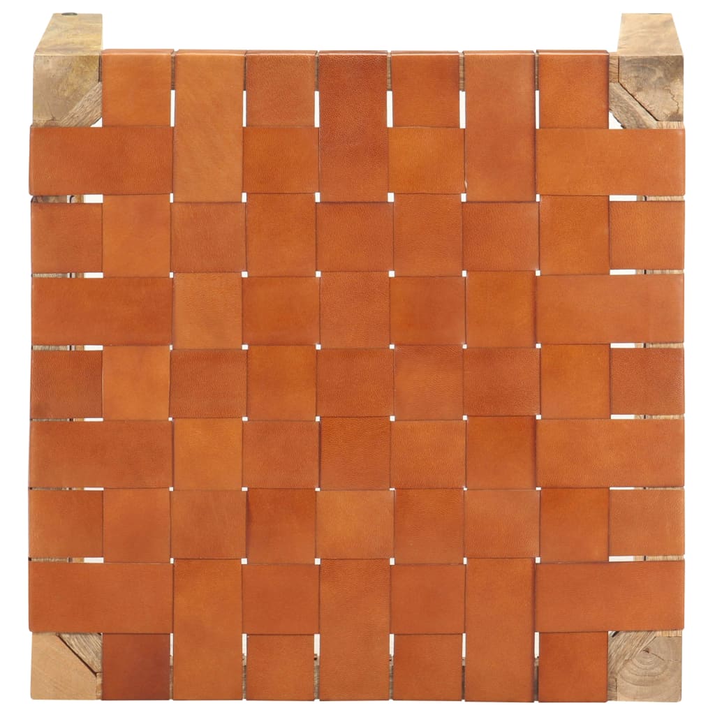 Stool Light Brown Real Leather and Solid Mango Wood