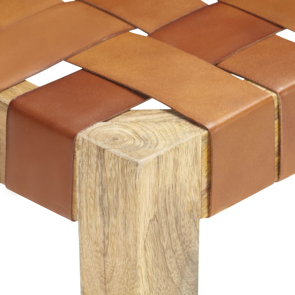 Stool Light Brown Real Leather and Solid Mango Wood