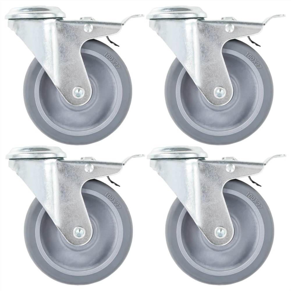 Bolt Hole Swivel Casters with Double Brakes 4 pcs 100 mm