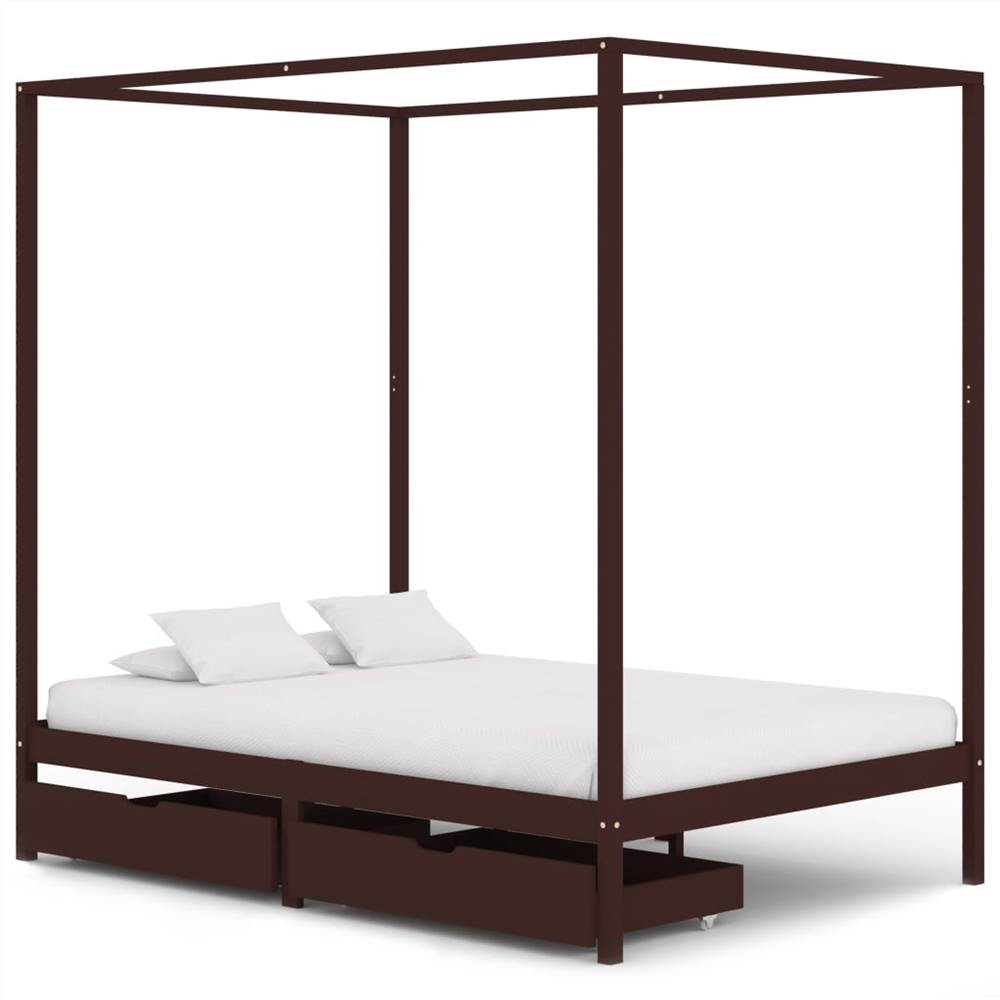 

Canopy Bed Frame with 2 Drawers Dark Brown Pine Wood 140x200 cm
