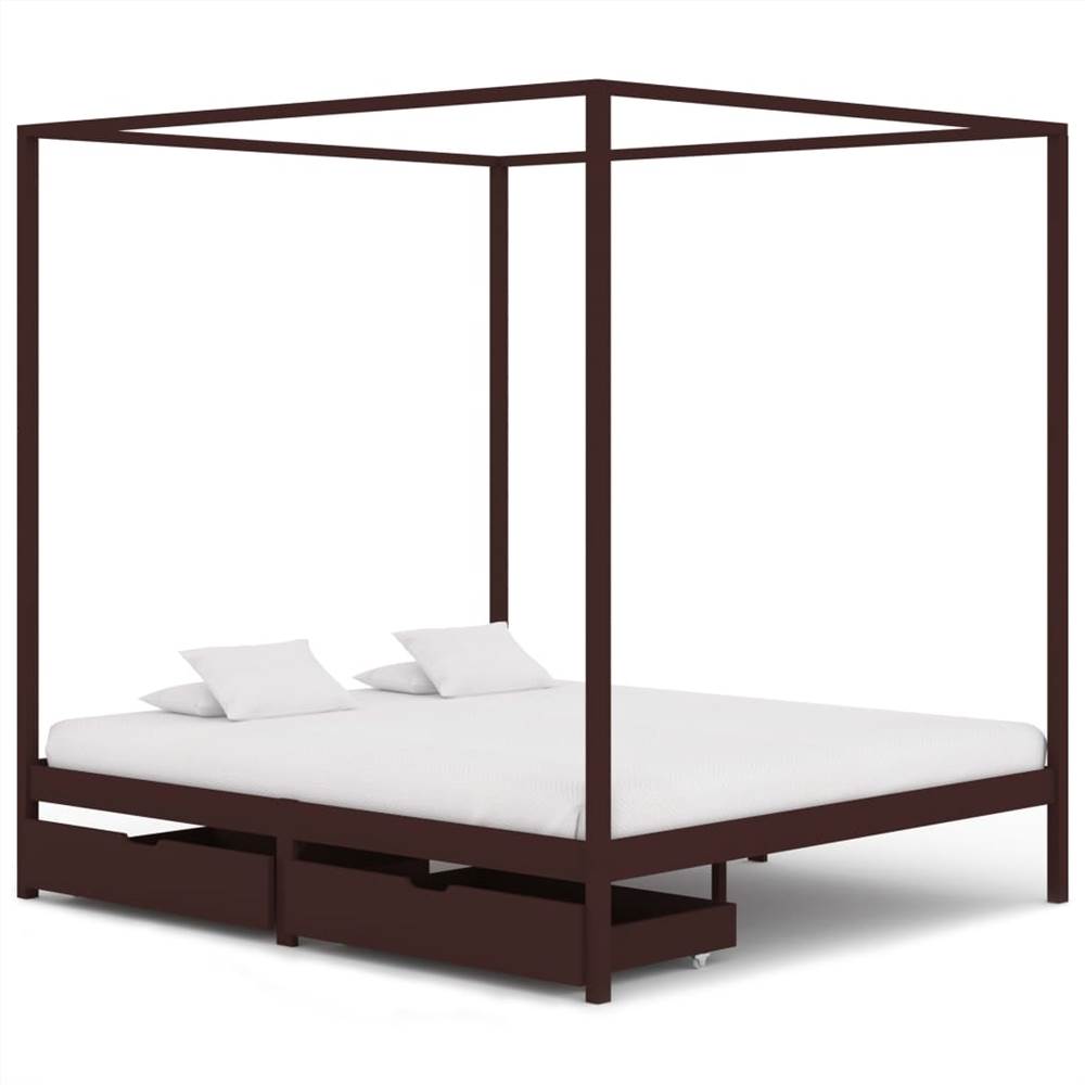 Canopy Bed Frame with 2 Drawers Dark Brown Pine Wood 160x200 cm