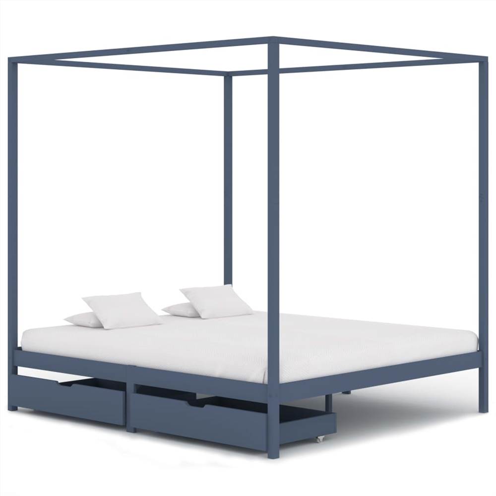 Canopy Bed Frame with 2 Drawers Grey Solid Pine Wood 160x200 cm