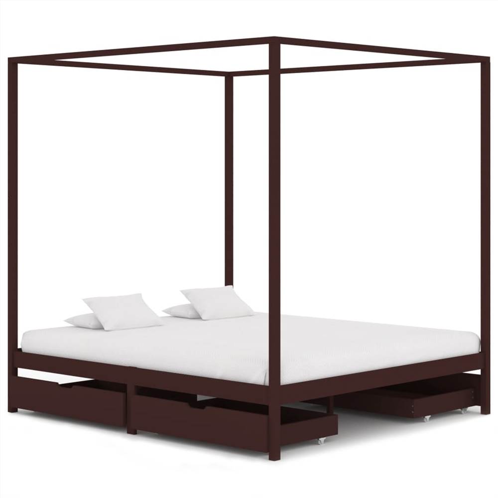 

Canopy Bed Frame with 4 Drawers Dark Brown Pine Wood 160x200 cm