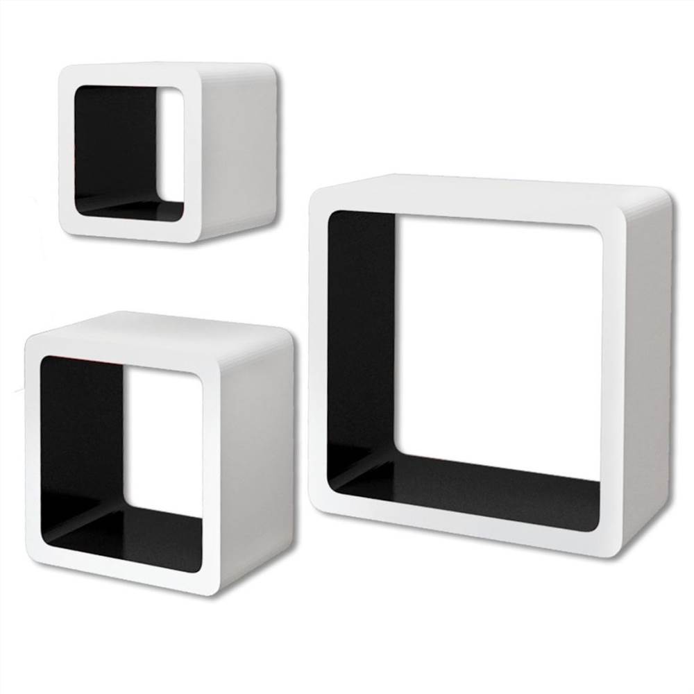 3 White-black MDF Floating Wall Display Shelf Cubes Book/DVD Storage