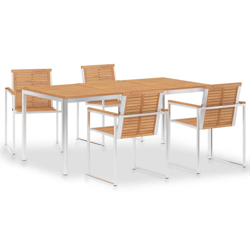 

5 Piece Garden Dining Set Solid Teak Wood and Stainless Steel