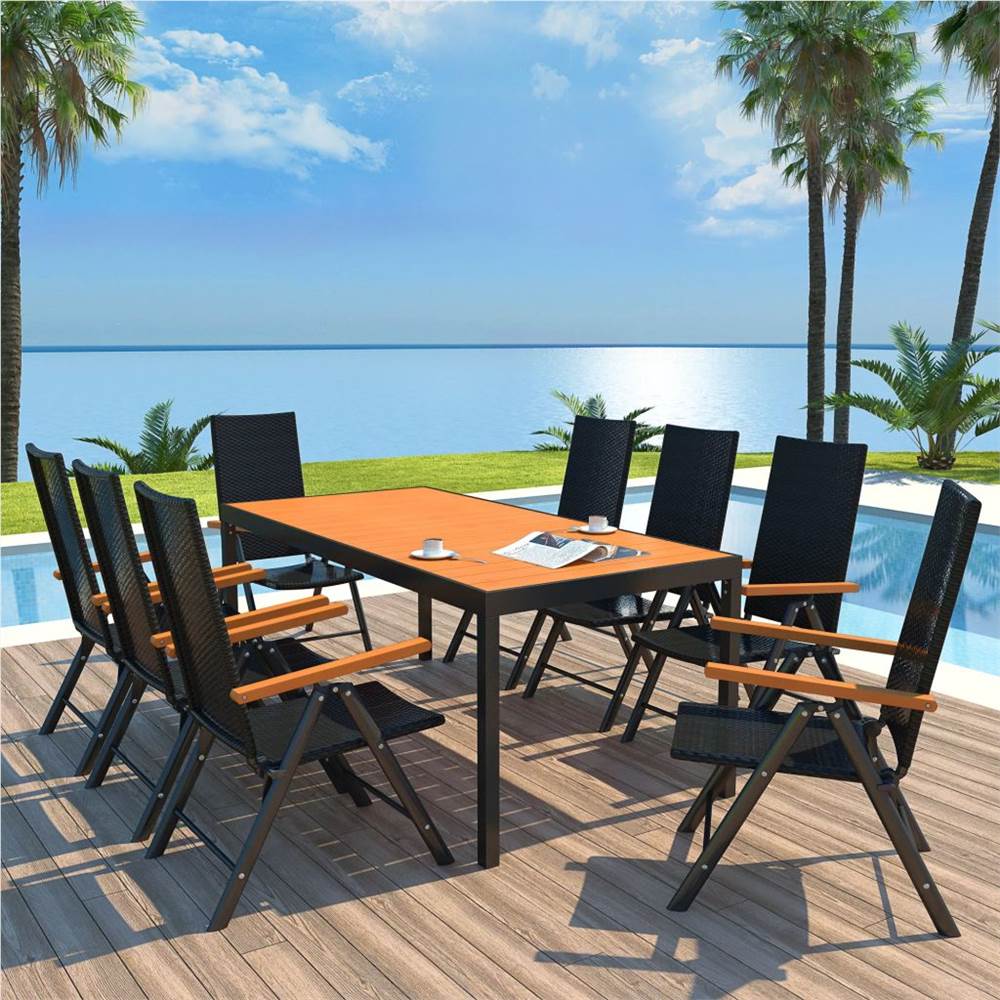 

9 Piece Outdoor Dining Set WPC and Poly Rattan Black