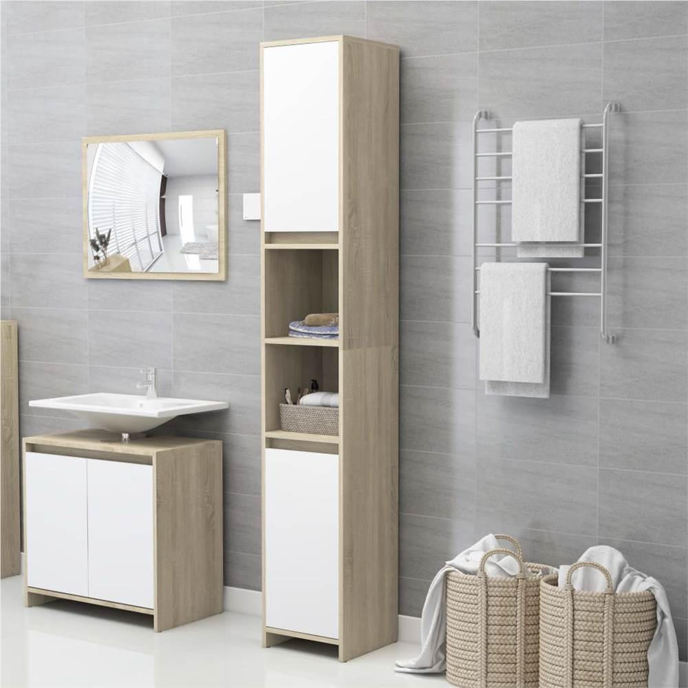 Bathroom Cabinet White and Sonoma Oak 30x30x183.5 cm Chipboard