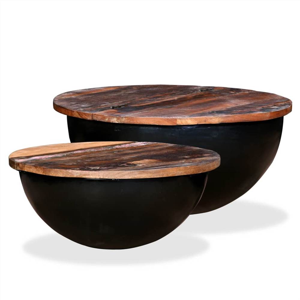 Ensemble de table basse 2 pièces forme de bol noir en bois de récupération massif