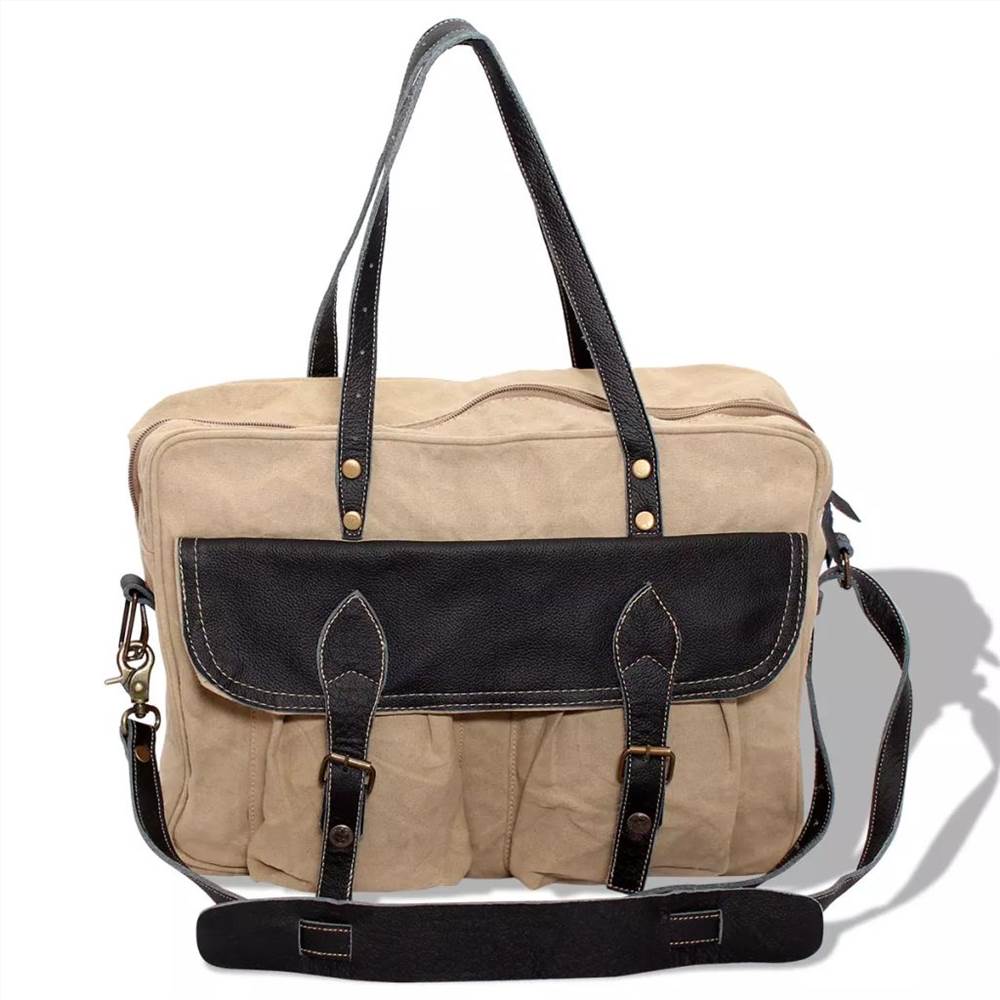 Hand Bag Canvas and Real Leather Beige