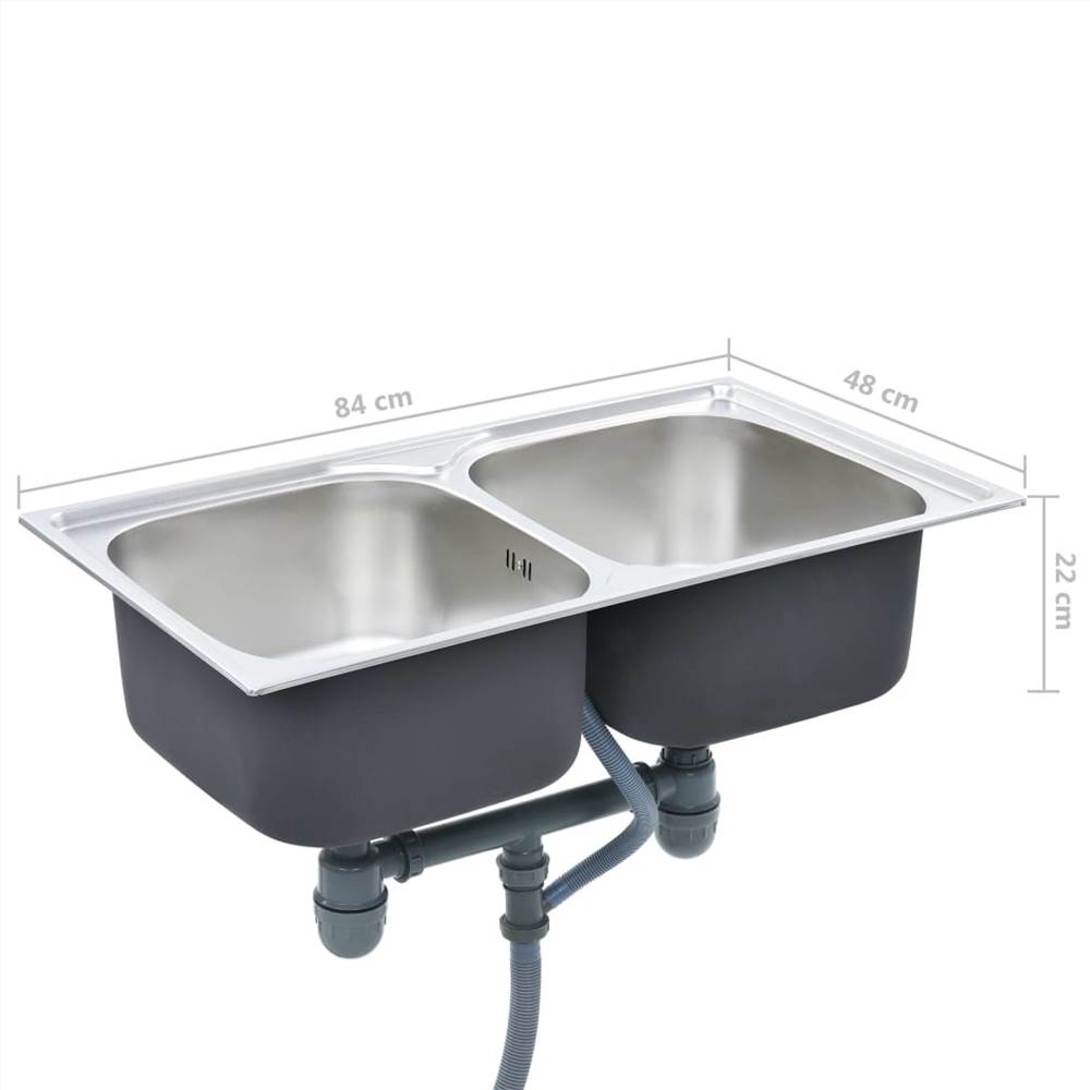 Kitchen Sink Double Basin with Strainer & Trap Stainless Steel