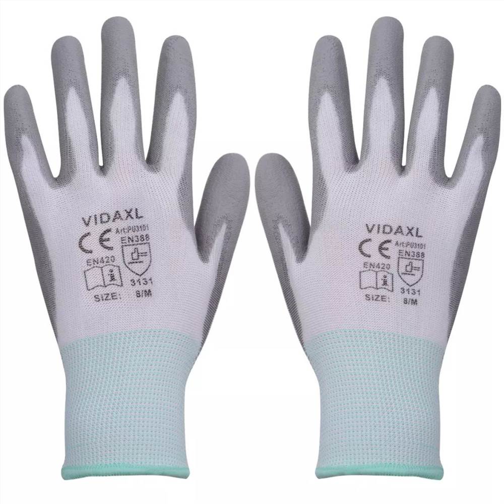 Work Gloves PU 24 Pairs White and Grey Size 8/M
