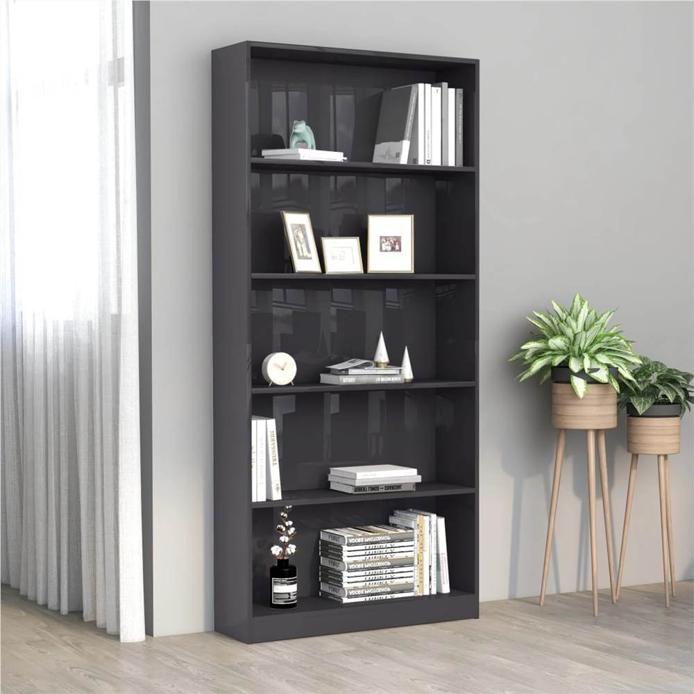 

5-Tier Book Cabinet High Gloss Grey 80x24x175 cm Chipboard