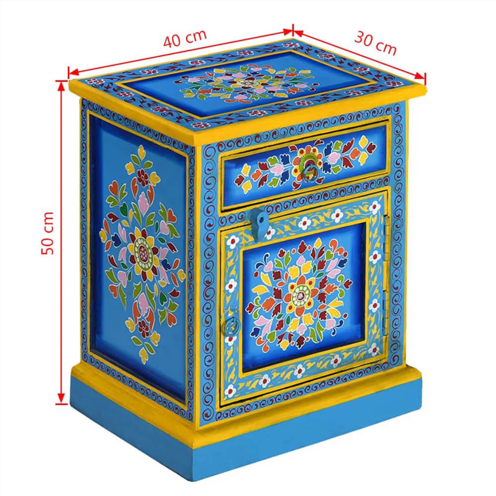 Bedside Cabinet Solid Mango Wood Turquoise Hand Painted
