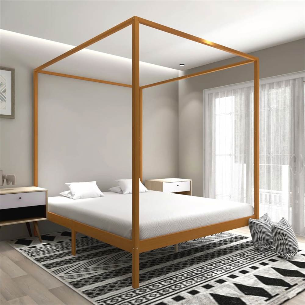 Canopy Bed Frame Honey Brown Solid Pine Wood 6FT Super King