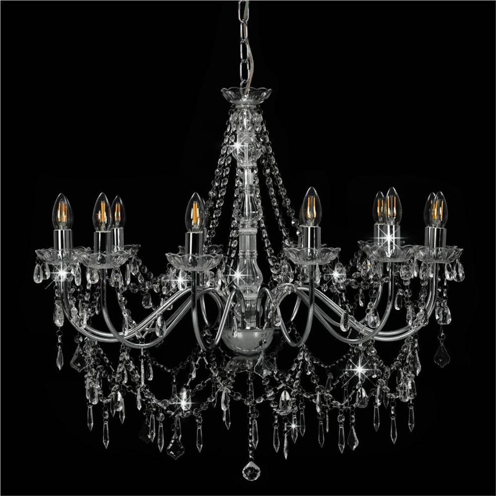 Chandelier with Beads Silver 12 x E14 Bulbs