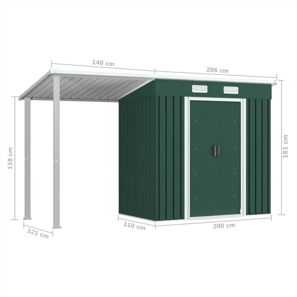 Garden Shed with Extended Roof Green 346x121x181 cm Steel