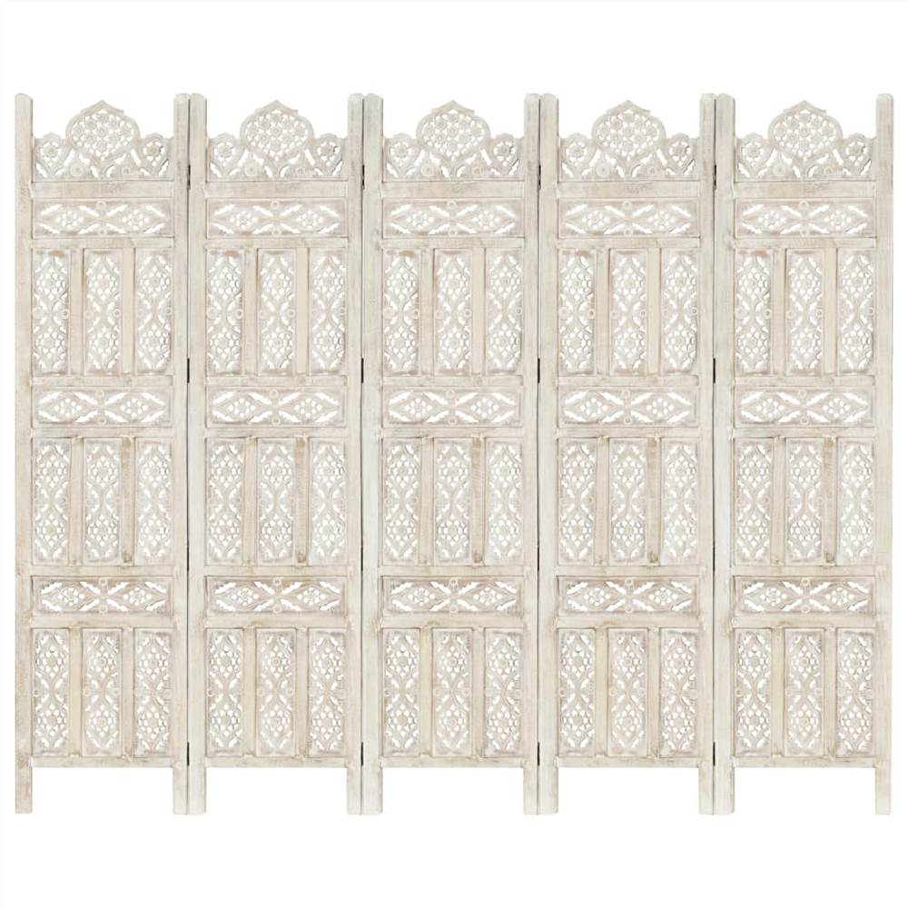 

Hand carved 5-Panel Room Divider White 200x165 cm Solid Mango Wood