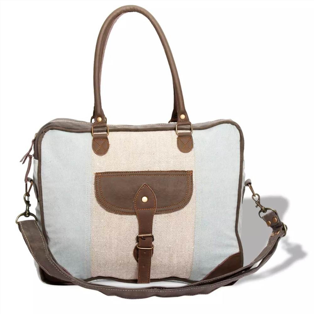 Shoulder Bag Canvas and Real Leather Blue and Cream