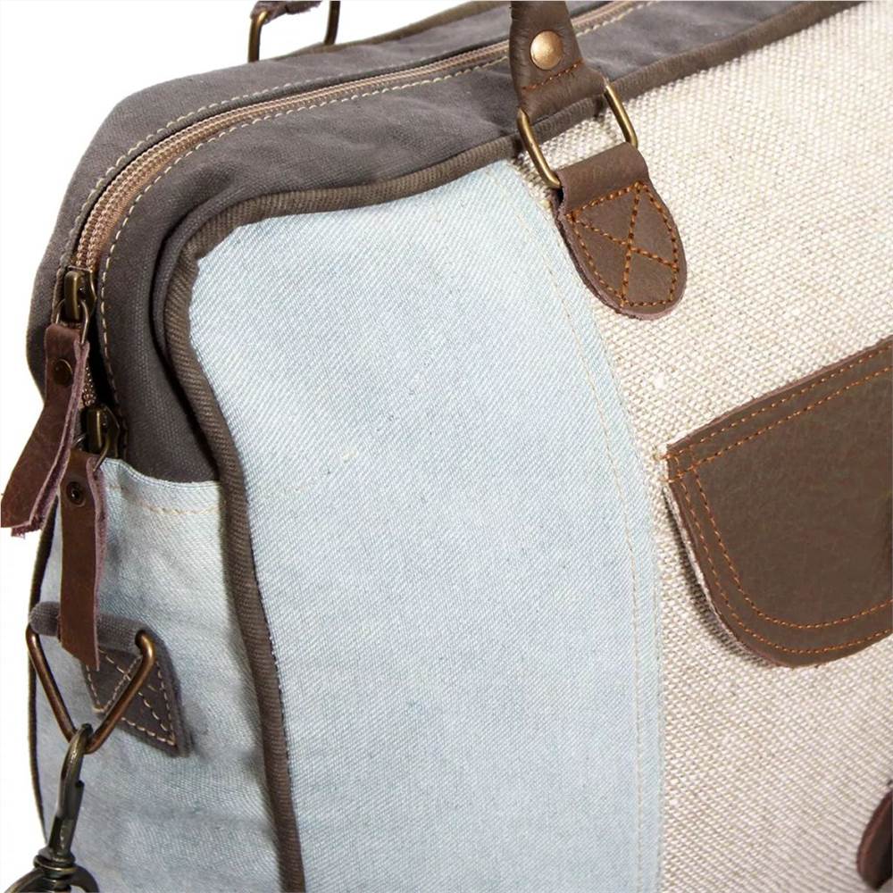 Shoulder Bag Canvas and Real Leather Blue and Cream